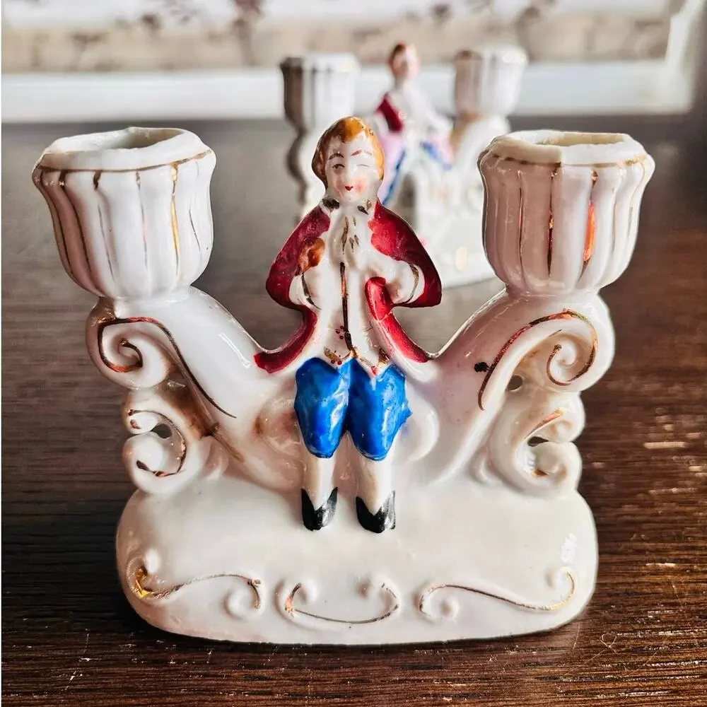 Made in Occupied Japan Colonial Couple Porcelain Candle Holders Pair